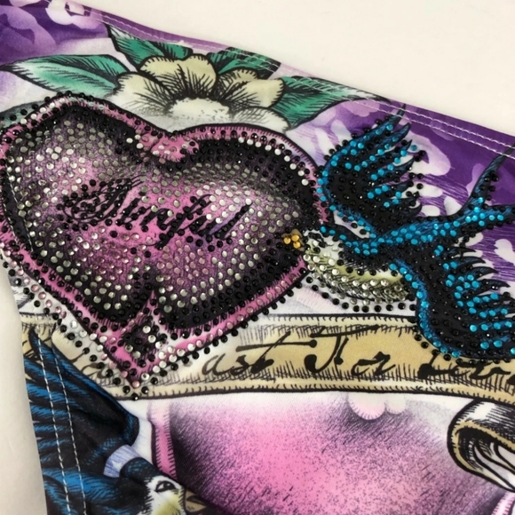 Sinful by Affliction Bikini Bottom Studded Birds Leopard Rhinestone Blue Size XS - Picture 3 of 4